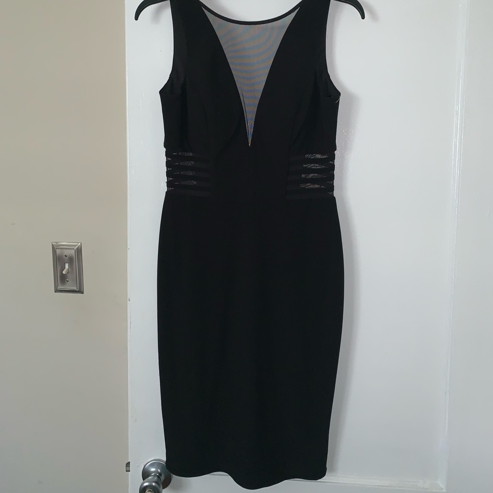 Morgan & Co black party dress with sheer cutouts